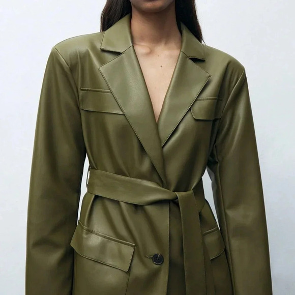 Army Green Elegant Women's Front Button Pocket Belted Long Sleeve Blazer Jacket - Picture 5 of 8